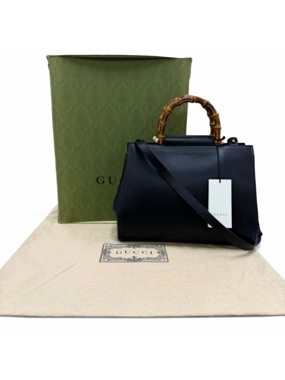 Gucci Nymphaea Medium Bamboo Eco Pearl 2-Way Leather Shoulder Bag Black